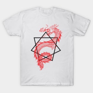 Asian Dragon With Sacred Geometry Heptagram (Seven Sided Star) Design T-Shirt